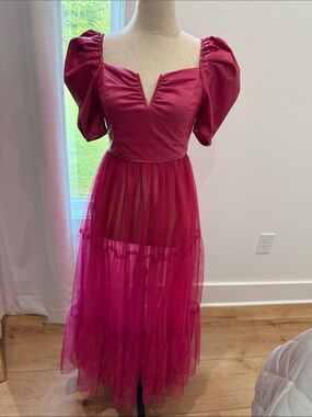 Fuchsia Puff Sleeve Tulle Top/maxi Dress